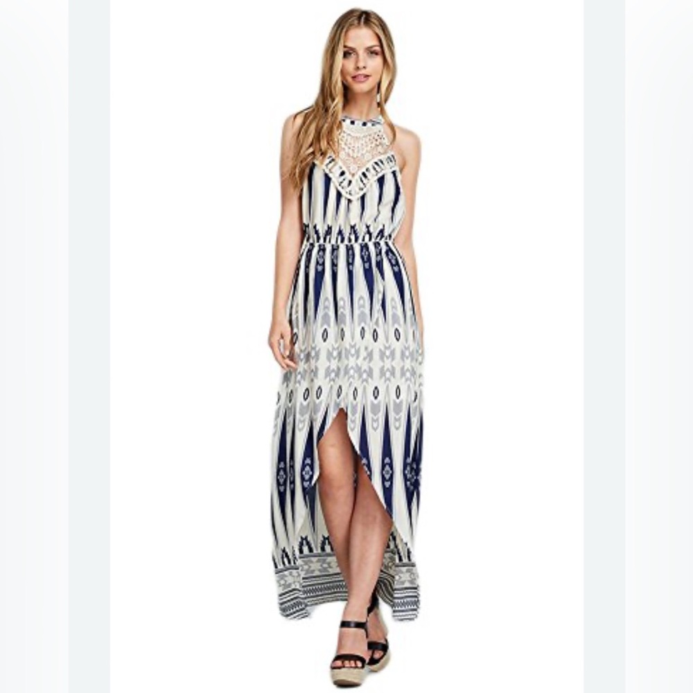 Listicle halter dress with blue and cream pattern Intricate Embroidery details S
